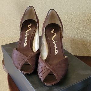Nina Brown satin peep toe heels